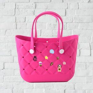 Hot Pink Fuchsia Eva Tote Bag Handbag Beach Shopping Travel NWT with Charms